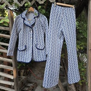 Vintage 60s 70s Pant Jacket Skirt 3 Piece Matching Suit Patterned Set